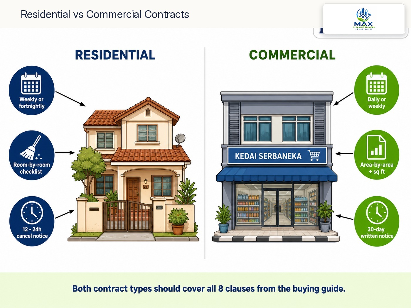 Infographic — Residential vs commercial cleaning contract structure: differences in scope, frequency, pricing model, cancellation terms, supervisor reviews