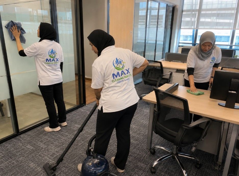 Office Cleaning Johor Bahru — workstation and pantry cleaning in progress